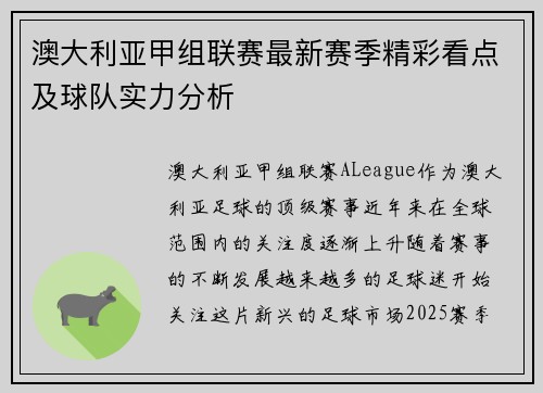 澳大利亚甲组联赛最新赛季精彩看点及球队实力分析